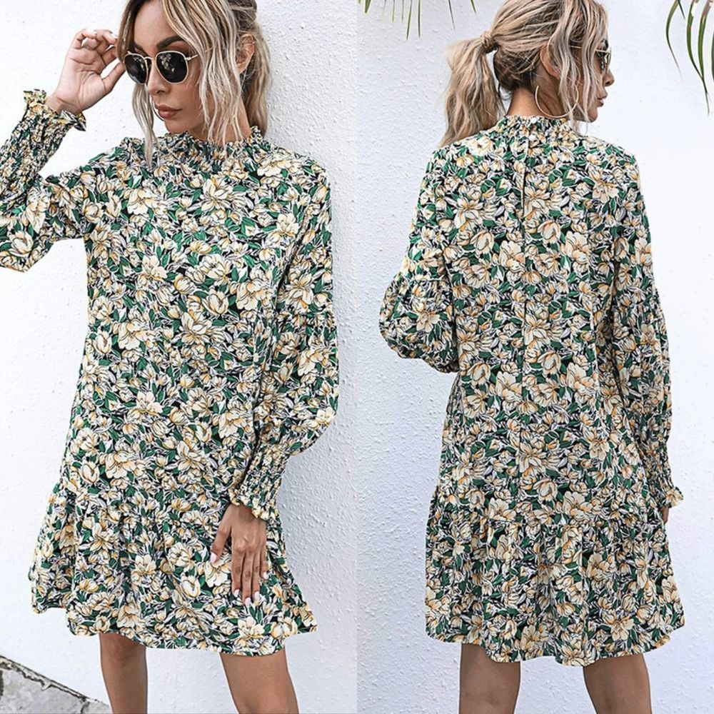 Boutique Floral Puff Sleeve Elasticized Flutter Hem Mock Neck Loose Dress Yellow